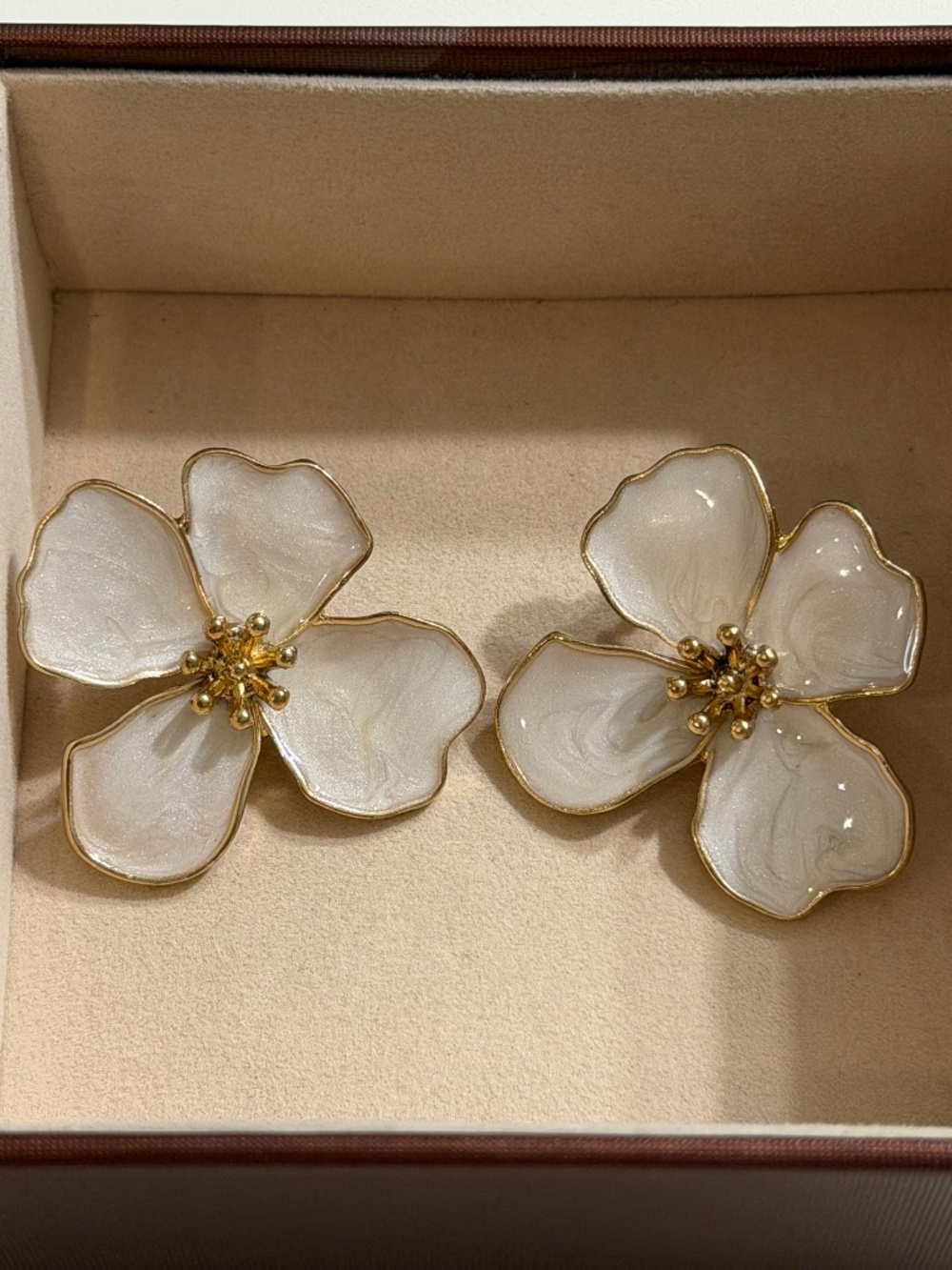 Golden Ivory White Asymmetrical 4-Petal Flower Enamel Statement Earrings